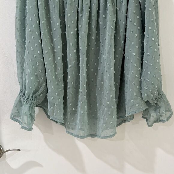 H&M DIVIDED off shoulder top light green chiffon crepe lined sheer sleeves top 6 - Picture 3 of 7